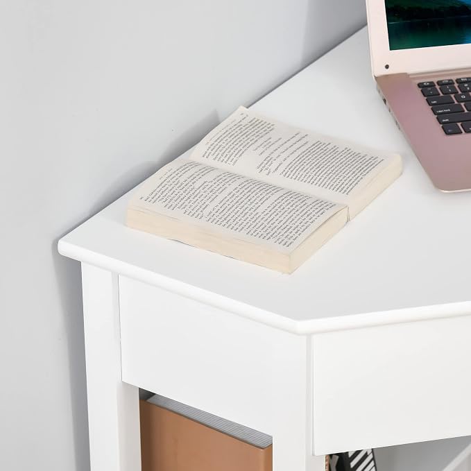 HOMCOM Corner Desk, Triangle Computer Desk with Drawer and Storage Shelves for Small Spaces, Home Office Workstation for Living Room, or Bedroom, White
