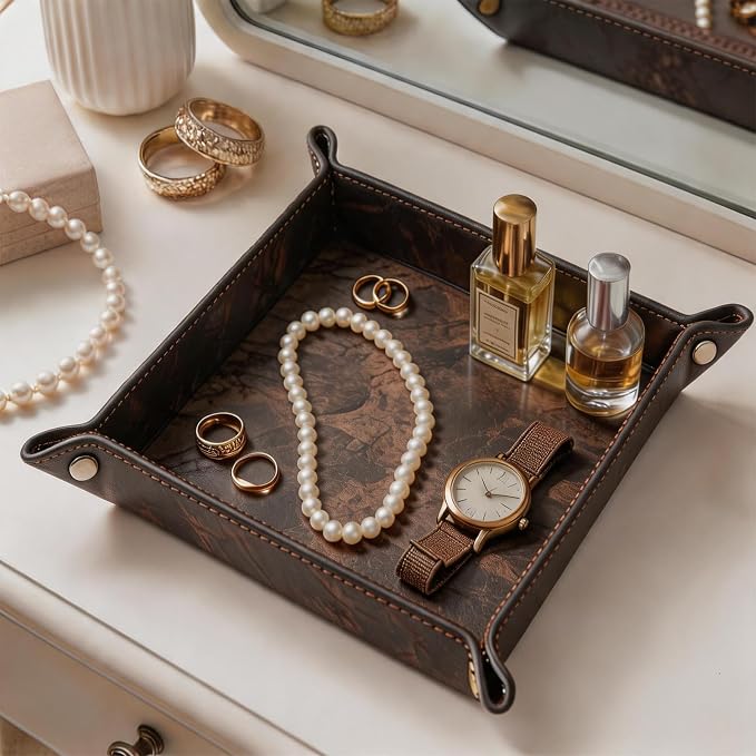 Valet Tray Desktop Storage Organizer – Vegan Leather Catchall Bedside Vanity Tray Nightstand Caddy Holder for Remote Controller, Watch, Keys, Phone, Wallet, Coin, Jewelry, Marble Brown