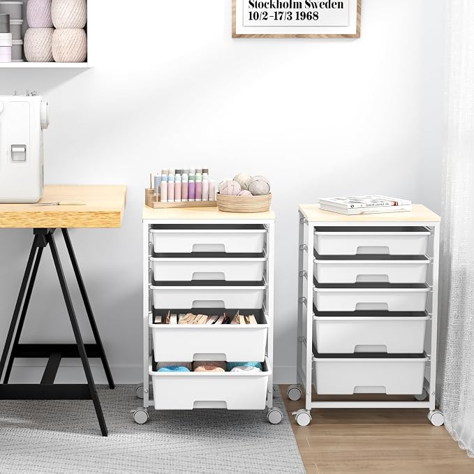 SYKIARIOL Utility Cart with 5 Drawers,Storage Drawer Cart with Wooden Tabletop and Lockable Wheels,Craft Storage Trolley Cart,5-Tier Rolling Utility Cart on Wheels,Bright White