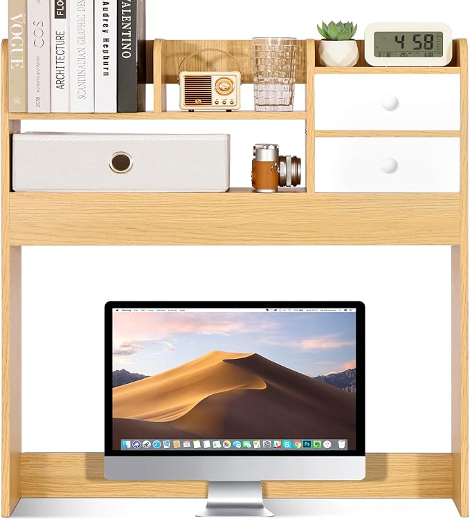 YGYQZ Wood Desk Shelf Organizer, Desk Hutch Top Only, Countertop Storage Hutch with 4 Shelves for Computer Desk,2-Tier with Cabinet Door Rack for Office, Home, Dorm,Natural