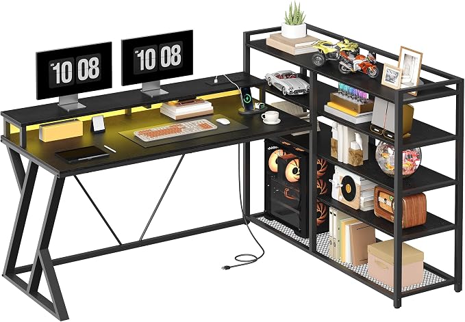 RALGEND L Shaped Gaming Desk with Bookshelf, 52'' Reversible Computer Desk with LED Light & Power Outlet, Corner Desk with Storage Shelves and Monitor Stand for Home Office, Black