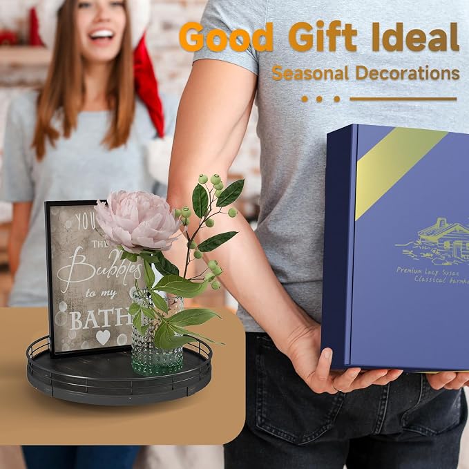 10" Oak Bathroom Vanity Tray Turntable for Perfume Candle, Round Wooden Decorative Tray for Kitchen Sink Countertop Organizer, Bathroom Counter Organizer for Skincare Makeup, Farmhouse Black Gold
