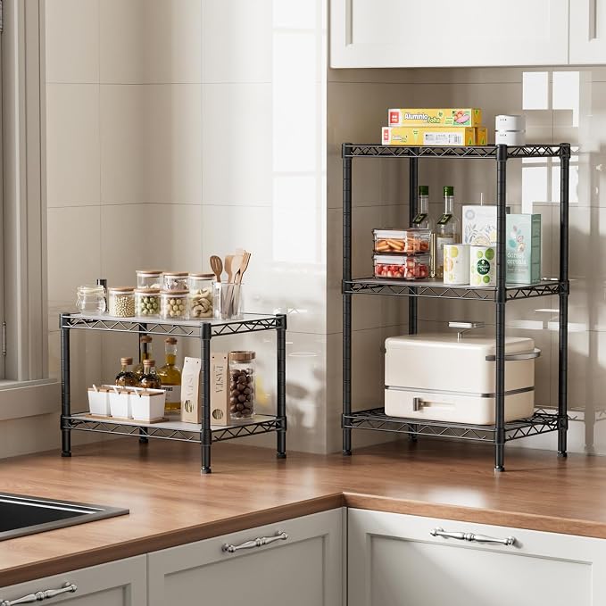 SINGAYE 2 Small Shelves Kitchen Storage Shelf Wire Shelving Unit Metal Shelf Adjustable Organizers Storage Shelving for Office Pantry Black 11.6" D X 17.6" W X 12" H