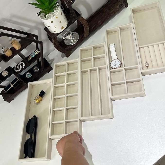 2Pcs Desk Drawer Storage Tray, Nightstand Organizer Tray, Necklace Bracelet Ring Earring Jewelry Display Tray, Grid Table Organizer Holder Tray for Sunglass, Phone, Watch, Perfume (7 grid)/Beige
