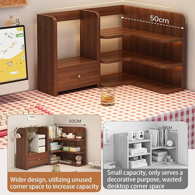Corner Desktop Bookshelf with Drawer Wood Storage Organizer Shelves for Home Office Walnut 60cm/23.62in