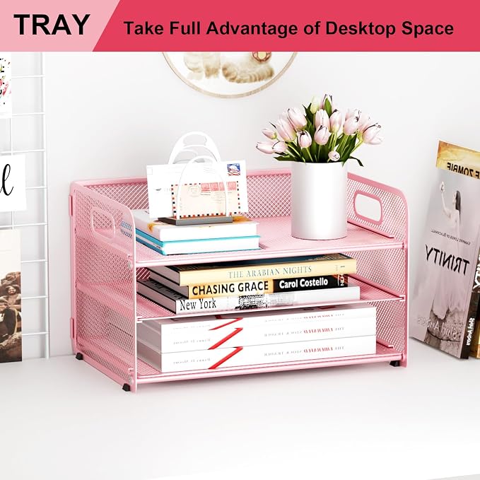 3 Tier Paper Letter Tray Organizer for Desk, Mesh File Folder Document Organizer with Handle for Home Office Supplies Desktop Accessories, Pink