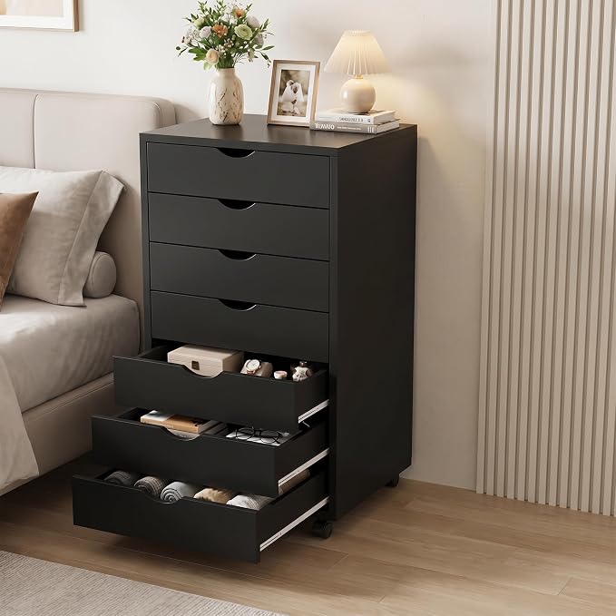 7 Drawer Mobile File Cabinet Under Desk Storage Organization with Wheels Vertical Filing Chest Rolling Wood Small Desk Printer Stand for Home, Black