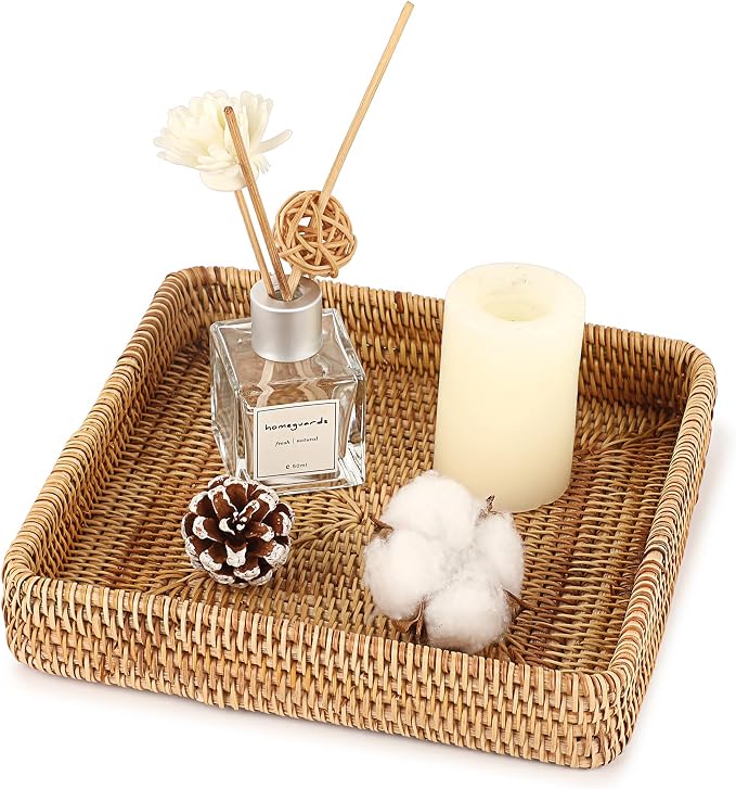 Hipiwe Key Basket Tray for Entryway Table Rattan Serving Tray Handwoven Wicker Baskets Vanity Trays Square Decorative Fruit Trays for Kitchen Counter Bedside Living Room Bathroom, 8.1"