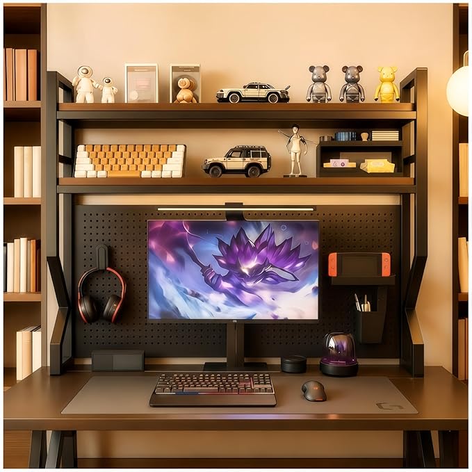 Desktop Hutch Bookshelf,Many Gifts,Metal Desktop Bookcase with pegboard, Desk Shelf, Countertop Storage Organizer Rack for Dorm or Office,Desktop Shelves (Natural+Black, 45.3" Lx9.9 Wx39 H)