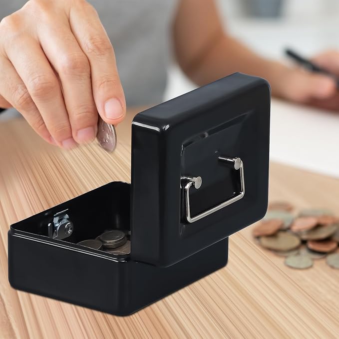 KYODOLED Cash Box with Key,Small Safe Lock Box with Portable Handle,Cash Drawer,5.91"x 4.72"x 3.15" Black Small