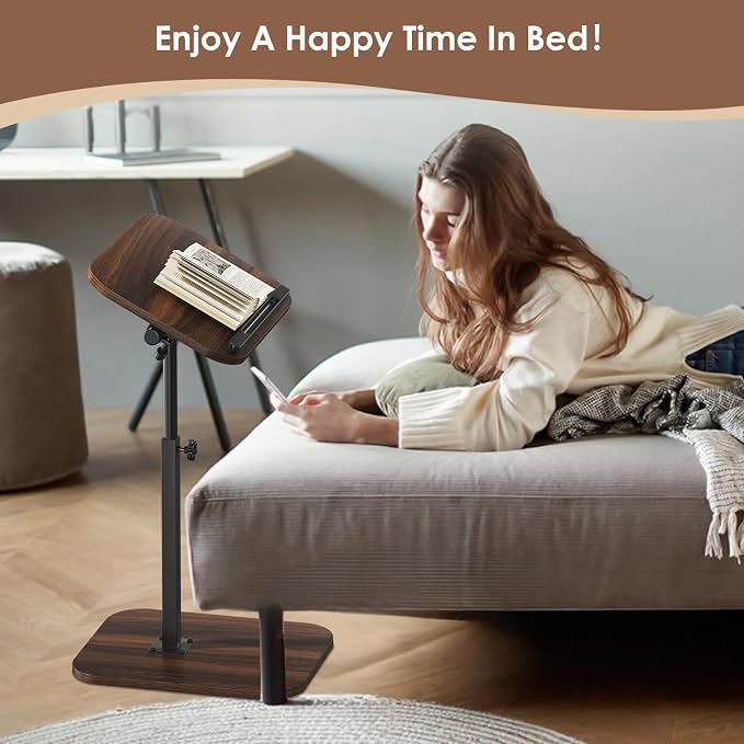 Side Table Sofa Tv Tray Height Adjustable C Shaped End Table 360° Swivel Overbed Living Room Couch Table, Walnut
