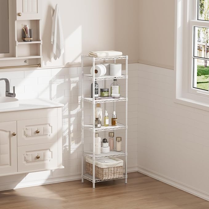 SINGAYE 6 Shelves Storage Shelf Wire Closet Bathroom Organizers Metal Pantry Kitchen Small Garage Shelving Unit Laundry Room Organization Home Corner Rack Estantes para Cocina White 10" Dx16 Wx60”H