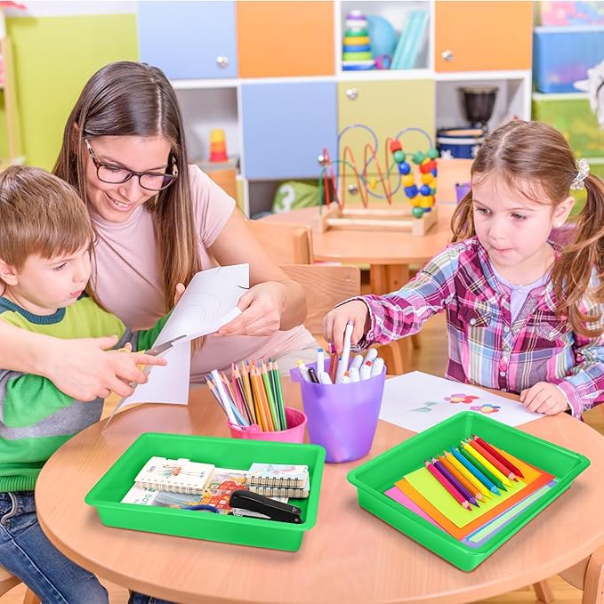 ShineMe 6 Pack Paper Trays for Classroom, Green Plastic Book Bins with Colorful Labels, Stackable Letter Size Storage Tray, Desk Organizer Tray for Home, School and Office