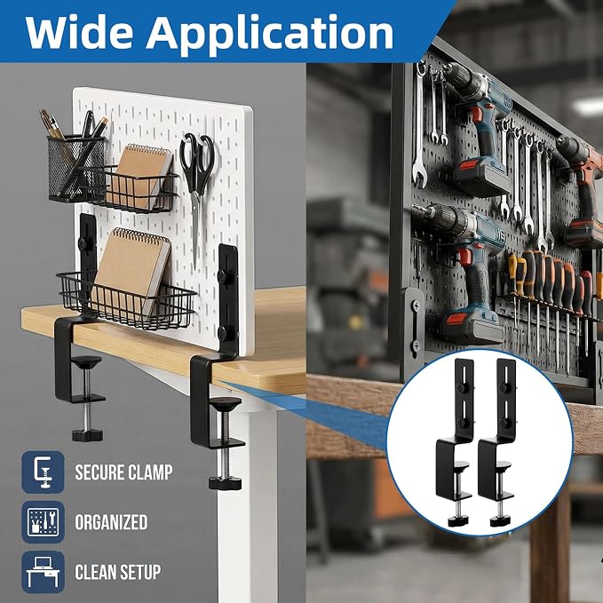 2 Pcs Desk Clamp, Heavy Duty Desk Mount Pegboard Fixing Bracket, Durable Home, Office & Gaming Desktop Accessories Brackets, Pegboard Organizer Metal Brackets, Black