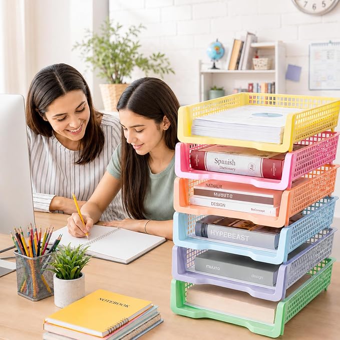Set of 6 Pastel Turn in Trays for Teachers Stackable Classroom Paper Letter Trays Plastic Classroom Desk Letter Organizer Tray Storage Baskets for Library, Drawers, Office, Home