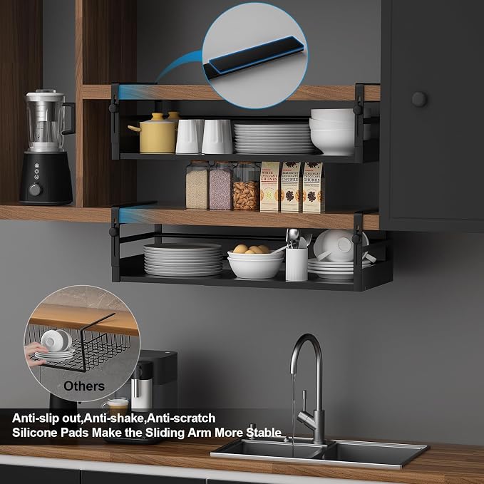 AmonHouseware 2Pack Under Shelf Basket Organizer, Adjustable Under Cabinet Shelf Storage, Hanging Holder Length Stretchable 13-21Inch for Kitchen Pantry Desk Counter Bookshelf Cupboard (Black)