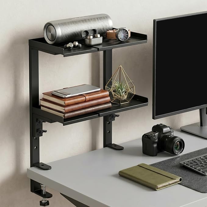 ENCIMART Expandable Clamp on Desk Shelf, 2 Tier Adjustable Desktop Shelves Organizer, Above or Under Heavy Duty Desk Storage with Headphone Holder for Working and Gaming Desk Accessories (Black)
