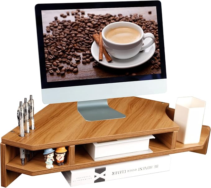 Triangle Monitor Stand Riser, Wooden Triangle Desktop Computer Stand with Office Organization, Walnut Color