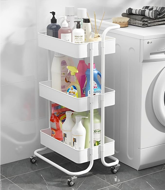 Sooyee 3 Tier Utility Cart,Rolling Cart with Handle and Lockable Wheels, Multi-Functional Storage Cart for Office, School,Living Room, Kitchen, Bathroom, Bedroom,Laundry, White