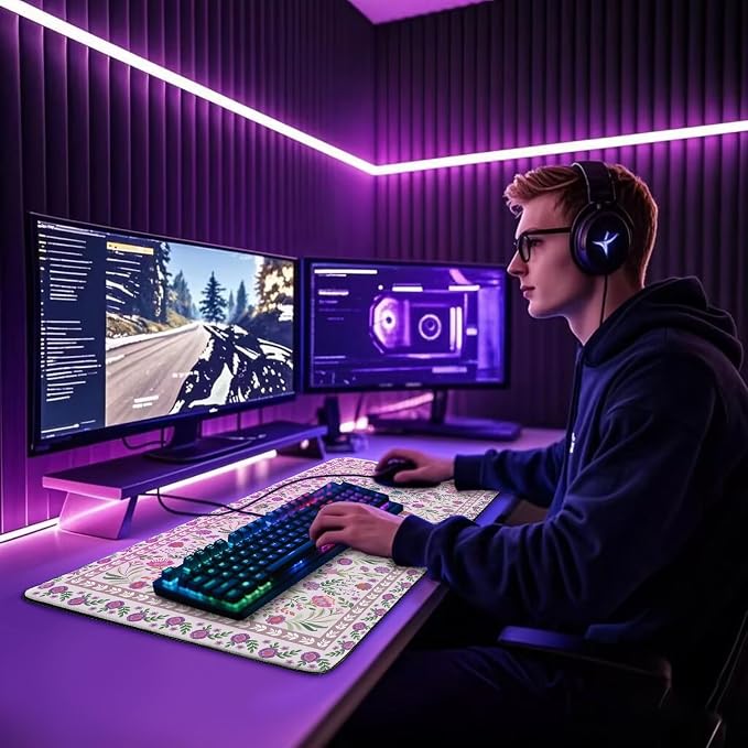 Purple Floral Desk Mat, 31.5"x15.7" Large Mouse Pad, Anti-Slip Rubber Base Keyboard Pad with Stitched Edges, Water-Resistant Smooth Desk Blotter, Computer Mat for Home Office Desk