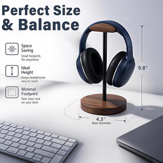 Wood & Metal Headphone Stand, Headset Holder for Desk, Desktop Gaming Headphone Hanger with Stable Non-Slip Bamboo Base, Universal Earphone Stand for Gaming, Office, Home, Gift