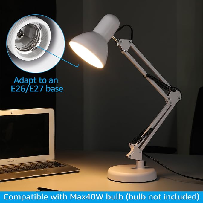 TORCHSTAR Metal Desk Lamp with Clamp, Swing Arm, Architect Adjustable Gooseneck Table Lamp, Clip Desk Lights for Home Office, Work, Study, Reading, E26 Base, Multi-Joint, White