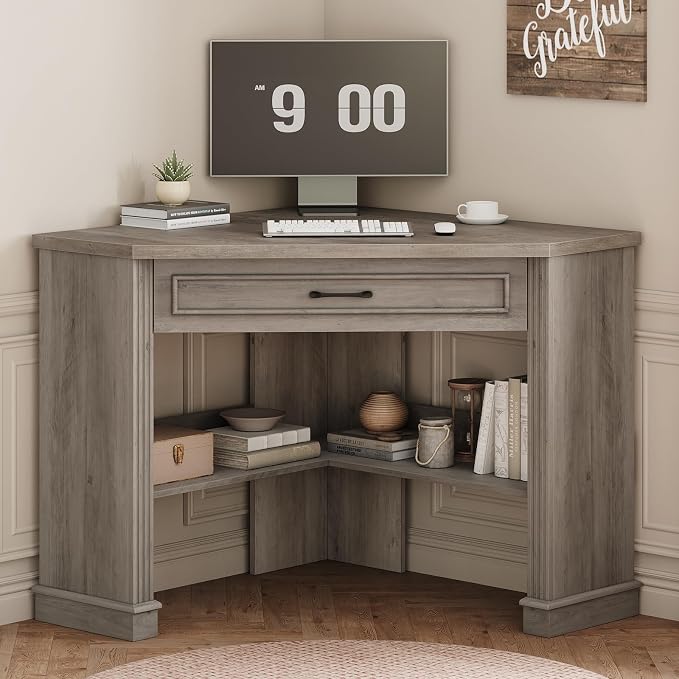 SEDETA 31.5" Small Corner Desk, Corner Desk for Small Space, Farmhouse Computer Desk with Drawers, Triangle Computer Desk with Storage Shelves for Home Office, Living Room, Bedroom, Gray