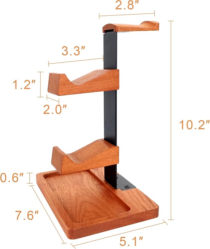 Headset Stand with Dual Controller Holder, Solid Wood Headphone Stand with Storage Base, Gaming Equipment Accessories for Desk, Controller Holder for Gamers
