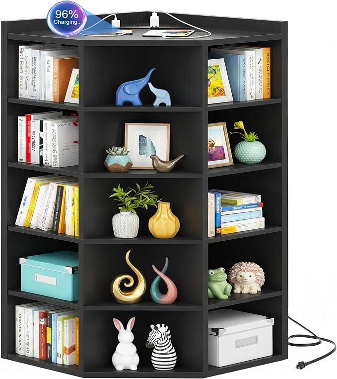 Aheaplus 6-Tier Corner Cube Bookshelf with Power Outlets, Wooden Corner Storage Cabinet with 15 Cubes, Corner Cube Organizer Shelf with Top Table, L Shaped Cubby Bookcase for Home Office, Black