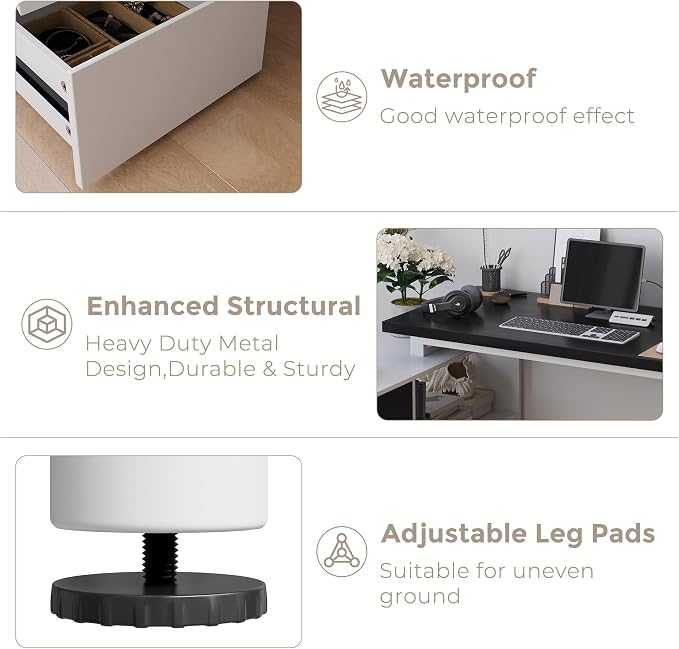 Mekminop L Shape Small Desk - Computer Corner Desk with 3 Drawers and 2 Shelves, 53 inch Home Office Table with Storage Cabinet for Gaming Writing Study, White+Black