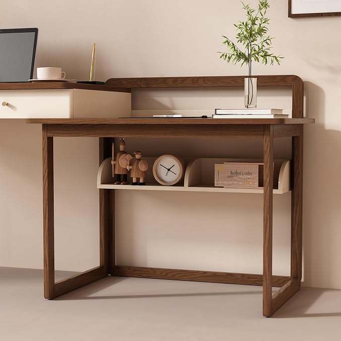 Lartis Extendable to 70" Solid Wood Desk, Storage Study Table with Side Unit, Multifunctional Workbench, Modern Office and Study Computer Desk