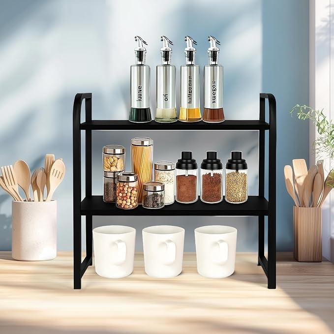 Desktop Shelf Organizer 2-Tier Office Desk Shelf for Top of Desk Wood & Metal Bookshelf Supplies Storage Rack (Black)