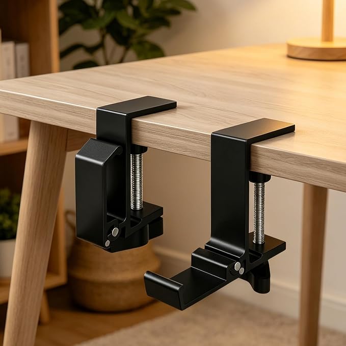 2PCS Foldable Headset Holder, Headphone Stand for Desk with Heavy Duty Aluminum Alloy, Adjustable Desk Clamp Holds Up to 22 lbs, Space Saving Headphone Hanger for desk office, Headphone Accessories