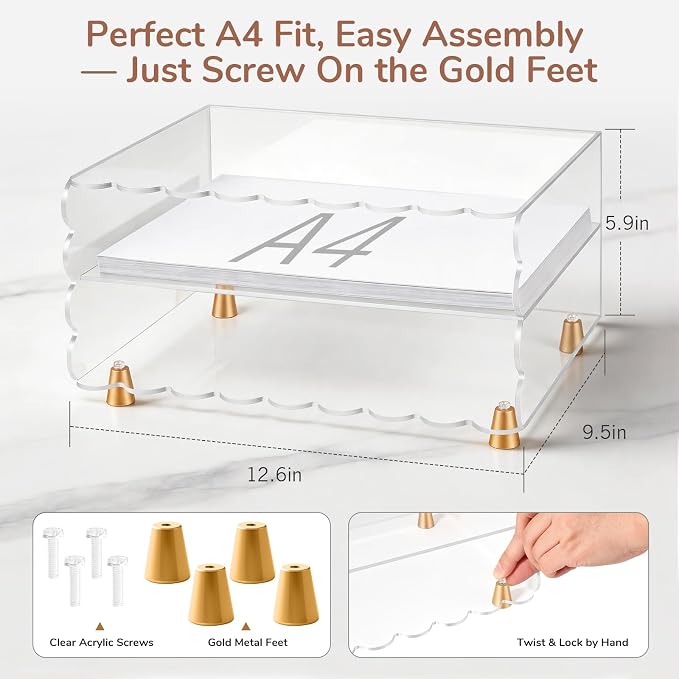 2+1 Tier Paper Letter Tray,Acrylic Desk Organizer with Scalloped Edge& Gold Metal Feet,Top Display Design,Space Saving Clear Organizer for Women, A4 File, Letter, Books,Notes,Home & Office