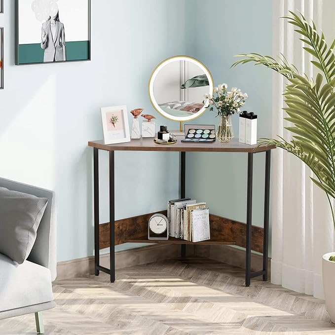 GOFLAME Corner Desk with Power Outlet, Triangle Computer Desk for Small Space, Space-Saving Writing Desk with Storage Shelf and Charging Station, Modern Laptop PC Desk for Home Office, Rustic Brown