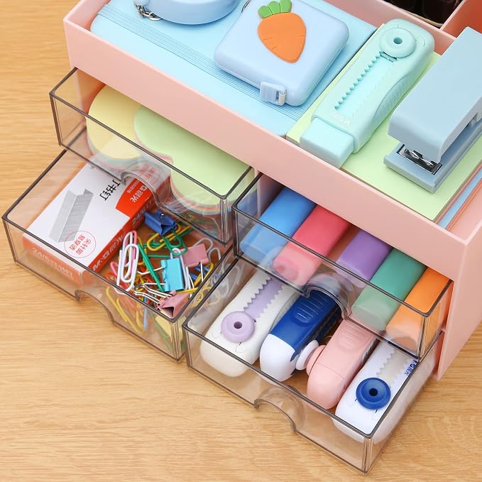 LETURE Office Desktop Organizer with Drawer, Desk Top Accessories Stationary Organizer Desk Caddy, Pen/Pencil/Business Card/Sticky Note Tray/Paperclip Holder Storage Box (Pink)