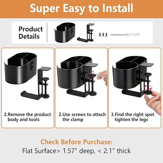MYITYARD 4 in 1 Desk Cup Holder, Clamp On Drink Holder with Headphone Hanger, Anti-Spill Clip on Desk Organizer for Pen Phone Mug, Gaming Office Desk Accessories fits Most Desks