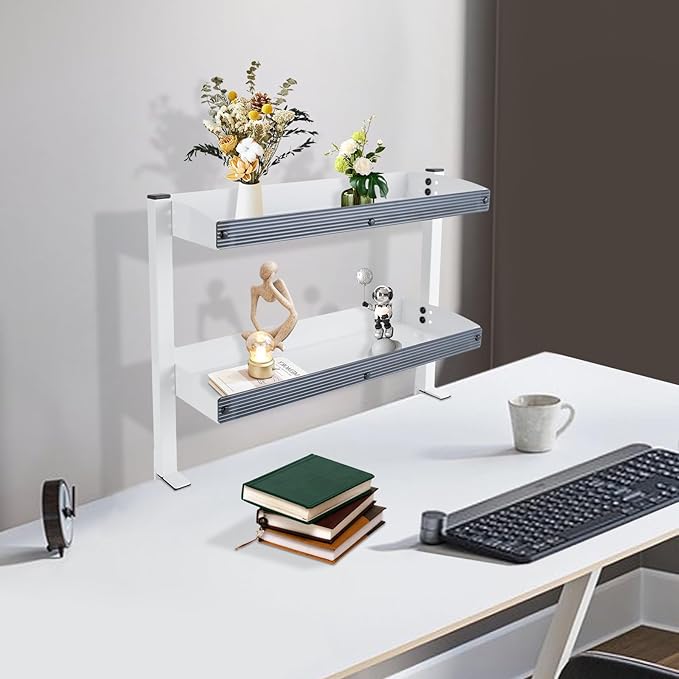 Clamp-on Desk Shelf, 2-Tier Desktop or Under-Desk Shelving Adjustable Desktop Organizer for Office Bedroom (White)