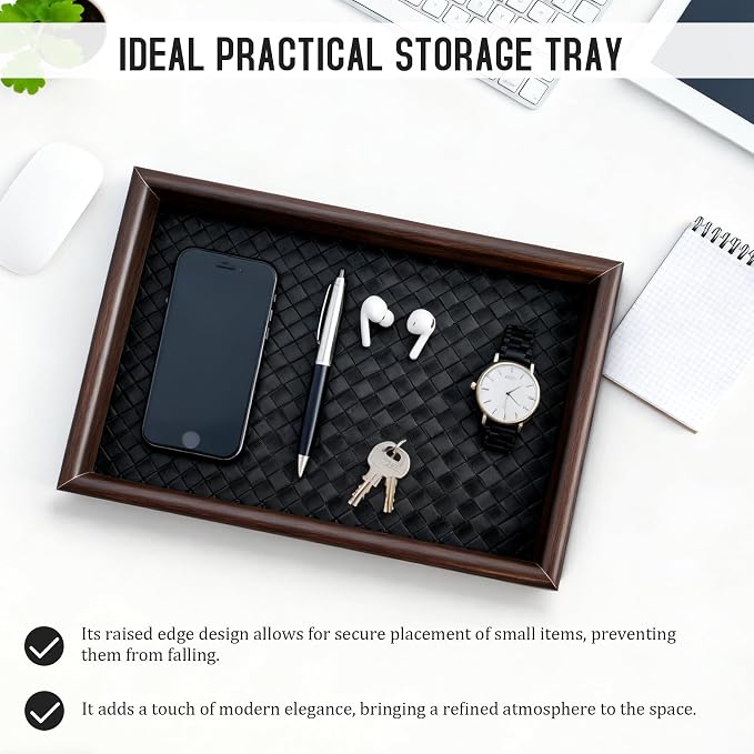 Wooden Valet Tray Desk Organizer with Leather Base,Nightstand, Entryway Bedside Dump Holder for Wallets, Keys, Watches, Jewelry & Sunglasses
