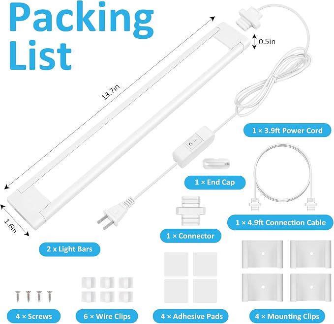 maylit Under Cabinet Lighting Plug in, 2 Pcs 14 Inch Linkable Ultra Bright LED Light Bars, Renter Friendly Lamp, Wired Indoor Lights for Kitchen Cabinet, Counter, Workbench, Desk, Shelf, Cool White