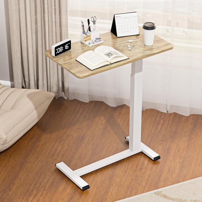 Ywin Medical Overbed Bedside Table with Wheels, Pneumatic Rolling Standing Desk Laptop Desk Computer Overbed Table, Hospital Bed Table for Couch, Hospital, Home, Office Use (Light Rustic Brown)
