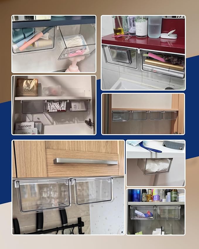 Hanging Cabinet Organizer – 33° Tilted Under Desk Drawer & Bathroom Storage – Self-Adhesive Clear Pull-Out Bins for Kitchen, Office & Vanity (Large)
