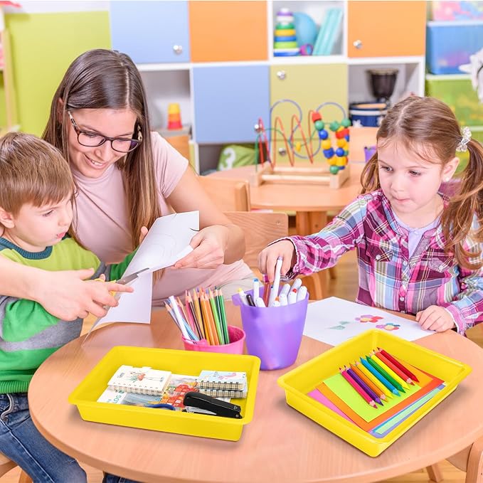 ShineMe 6 Pack Paper Trays for Classroom, Yellow Plastic Book Bins with Colorful Labels, Stackable Letter Size Storage Tray, Desk Organizer Tray for Home, School and Office