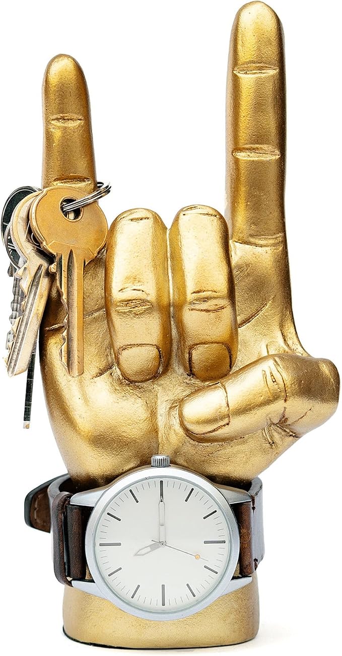 Luckies of London - Rock On Hand - Rock Music Gifts for Men - Mens Bedroom Accessories - Mini Headphone Stand & Jewelry Holder - Gold Ornaments for Desk Tidy - Music Home Decor - Key Holder Stand