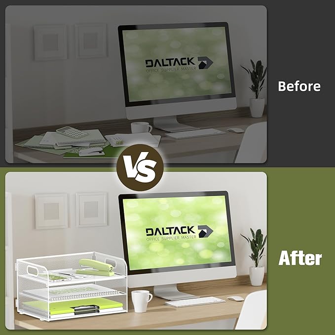 DALTACK 3 Tier Paper Organizer with Handle, Mesh Metal Desk Organizer with Sliding Paper Trays for Letter/A4 Paper, Mail, Bills & Folders, White