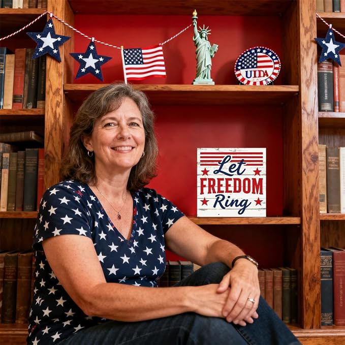 Patriotic Wooden Box Sign,Let Freedom Ring 4th Of July Signs Home Decor,Independence Memorial Day Block Sign for Desk Shelf Tabletop Decor