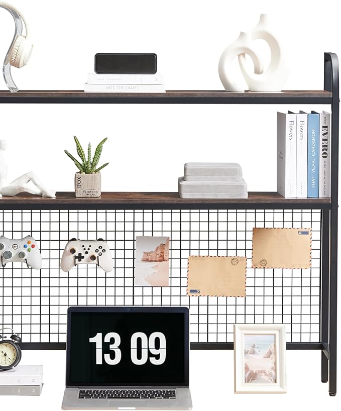 Desktop Hutch Shelf Organizer, 2-Tier Metal & MDF Desk Bookshelf with Grid Panel and Hooks for Office & Dorm (Rustic Brown, 45.3")