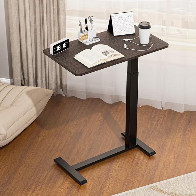 Ywin Overbed Bedside Table with Wheels, Medical Adjustable Hospital Bed Table with Pneumatic Lift for Home Use, Black Walnut Wood Look Tray Desk for Couch and Bed (Black Walnut)