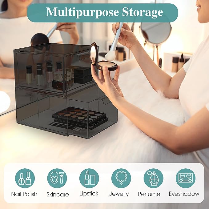 SpaceHacks 3 Pack Stackable Makeup Organizer and Storage, Acrylic Organizers,Clear Plastic Storage Drawer with Pull-Out Handles for Vanity, Undersink, Kitchen Cabinets, Pantry, Black