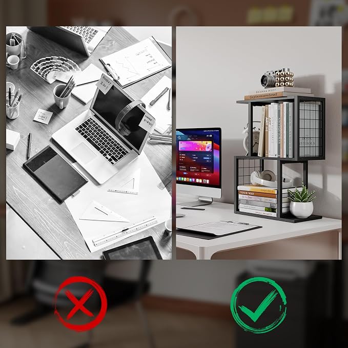 Small Bookshelf Desk Organizer,3-Tier Shelf for Top of Desk Workspace Organizers for Office Accessories, Black